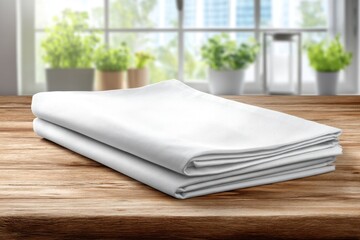 Poster - freshly folded white towels rest on a rustic wooden table, illuminated by soft window light with blu