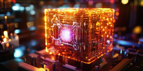 Poster - Futuristic glowing cube with intricate circuitry and vibrant lights in a digital environment