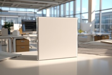 Poster - A blank square frame stands on a bright office desk, offering space for text or an image, in a modern, sunlit business environment, symbolizing creativity and innovation.