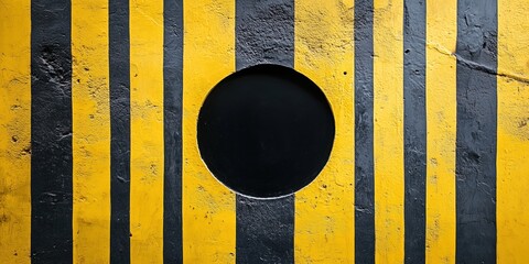 Poster - Abstract wall design featuring black circle and yellow striped pattern