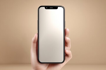 Poster - A person holding a modern smartphone with a blank screen against a beige background, demonstrating simple mobile technology and human interaction.