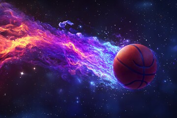 Wall Mural - A basketball traveling through a nebulous space with fiery and celestial elements.