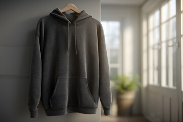 Poster - A close-up of a casual gray hoodie hanging on a wooden hanger against a wall, creating a modern and minimalist composition with soft light and clean background.