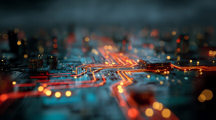 Poster - Abstract image of glowing circuit board, resembling a futuristic cityscape at night, showcasing technological advancement and connectivity