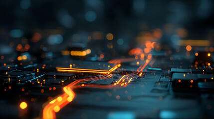 Poster - Abstract image of glowing orange circuits on dark surface, suggesting technological advancement, innovation, and connectivity, ideal for tech or futuristic designs