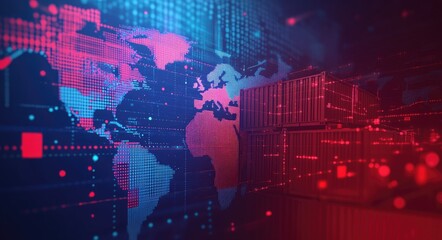 Poster - A futuristic digital landscape showcasing a network of glowing data blocks overlaid on a world map. symbolizing global connectivity and technology advancement