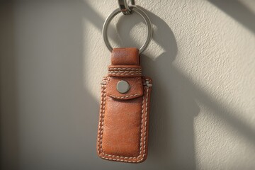 Poster - Close-up shot of a leather keychain with a metallic ring hanging on a textured wall, bathed in soft, warm sunlight, showcasing its fine craftsmanship and design.