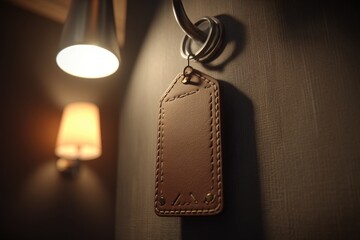 Poster - Close up of a brown leather key tag hanging from a hook in a dimly lit hotel room, a wall mounted light casting a soft glow, modern interior setting.