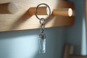 Poster - A close-up shot of a metal keychain holding a small clear glass vial, hanging from a wooden peg rack, with subtle shadows and soft background in a minimalist aesthetic.