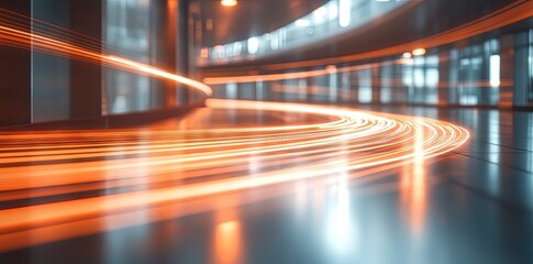 Poster - A futuristic urban scene showcasing a dynamic. illuminated pathway with vibrant light trails in a sleek. modern building. creating an energetic atmosphere for innovation