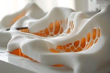 Poster - Abstract 3d printed sculpture with complex organic shapes and orange interior details