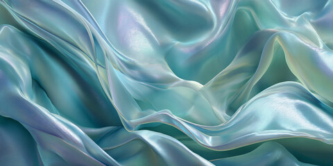 Poster - Soft, teal fabric texture with iridescent sheen, flowing in graceful waves, suggesting elegance, luxury, and smoothness