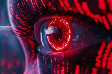 Poster - Futuristic Humanoid Eye with Binary Code Overlay and Red Glowing Elements