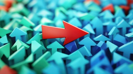 Poster - dynamic red arrow cutting through a field of blue and green arrows, symbolizing leadership and standing out among others