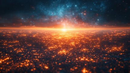 Wall Mural - Cosmic cityscape illuminated by celestial sunrise.