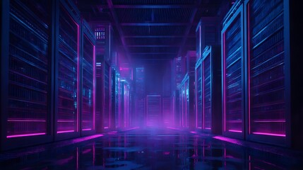 Poster - Cyberpunk data center with servers illuminated by neon light effect