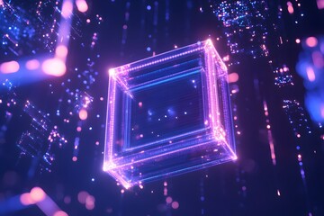 Poster - Abstract digital illustration of a glowing cube floating against a futuristic background