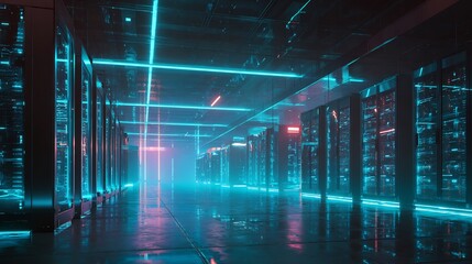 Poster - Futuristic server room illuminated with neon lights reflects on the floor
