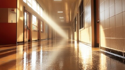 Poster - fire sprinkler system in a school hallway, ensuring the safety of students and staff