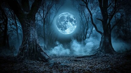 Wall Mural - a foreboding, dark forest under the light of a full moon
