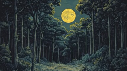 Wall Mural - a forest at night, with the moon rising above a canopy of thick trees