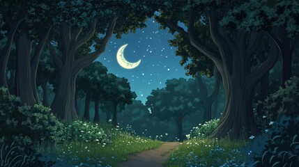 Wall Mural - a forest at night, with the moon rising above a canopy of thick trees