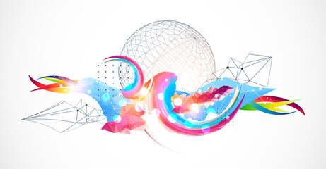 Aufkleber - Abstract artwork with colorful waves, polygonal shapes and wireframe shphere.