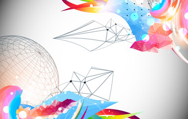 Aufkleber - Abstract artwork with colorful waves, polygonal shapes and wireframe sphere.