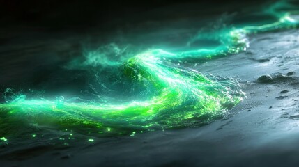Poster - futuristic bio-luminescent fluid flow with glowing green and blue streaks resembling deep-sea life energy