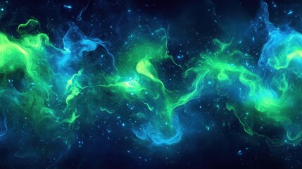 Poster - futuristic bio-luminescent fluid flow with glowing green and blue streaks resembling deep-sea life energy