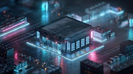 Poster - Advanced Microchip Architecture with Neon Lighting Representing Data Processing