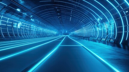 Poster - A futuristic sci-fi running track in a massive space station, empty and illuminated by neon blue lights