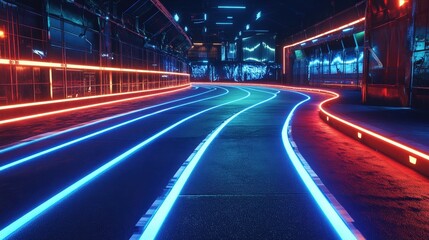 Poster - A futuristic sci-fi running track in a massive space station, empty and illuminated by neon blue lights