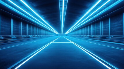 Poster - A futuristic sci-fi running track in a massive space station, empty and illuminated by neon blue lights