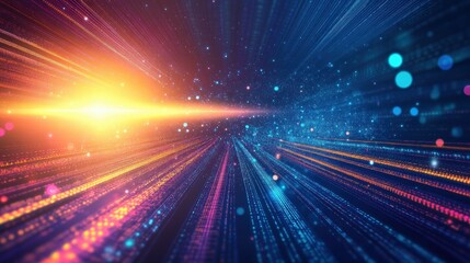 Poster - a futuristic vector design with sun rays cutting through a digital landscape, incorporating pixelate