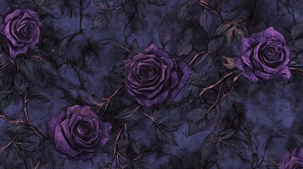 Poster - gothic rose floral pattern with dark purple roses entwined with thorny vines, evoking a mysterious and dramatic aesthetic