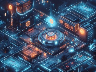 Poster - Futuristic integrated circuit board design with neon glowing elements
