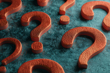 Aufkleber - Close-up of textured orange question marks on a teal background, suggesting curiosity, inquiry, or problem-solving concepts