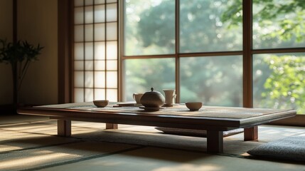 Poster - A traditional Japanese low table with tatami mats, delicate teacups, and a serene atmosphere perfect for meditation