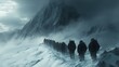 © isend - A group of hikers traversing a snowy mountain pass in harsh weather conditions.