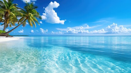 Wall Mural - a tropical paradise background with crystal-clear waters, palm trees swaying, and a bright blue sky 