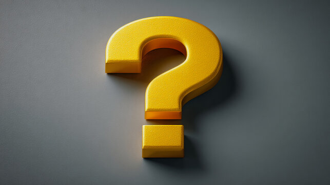 Yellow question mark on gray background, 3D rendered, textured surface, symbolic of inquiry, doubt, questioning, uncertainty, or problem-solving