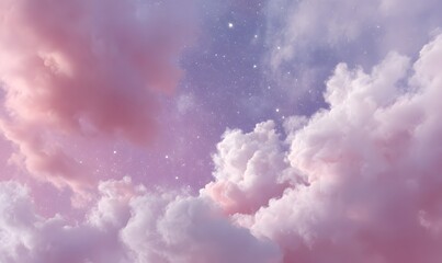 Wall Mural - beautiful pink and white clouds in the night sky, with small stars shining through them, generative 