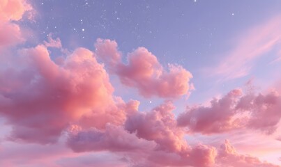 Wall Mural - beautiful pink and white clouds in the night sky, with small stars shining through them, generative 