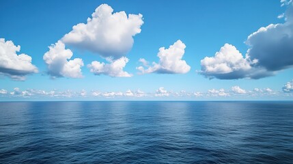 Wall Mural - vast ocean horizon where the sky meets the water, with scattered fluffy clouds