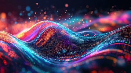 Poster - A vibrant abstract representation of digital data flow, with multicolored waves moving through cyberspace