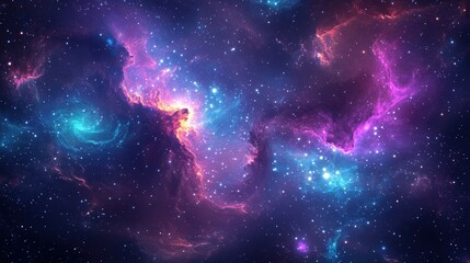 Poster - vibrant cosmic background featuring swirling galaxies, glowing nebulae, and sparkling stars in deep purple and blue hues