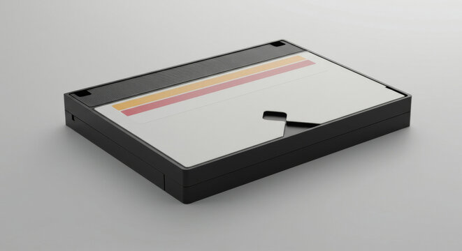 Vintage VHS video cassette resting on a neutral background. Object displays a simple, classic design in its black plastic casing with a white label and colored stripes.