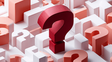 Poster - Red question mark among pink and white question marks, forming abstract 3D background, symbolizing uncertainty, inquiry, or problem-solving