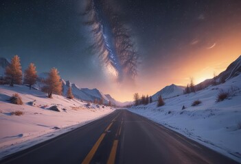 Wall Mural - serene snow-covered road leads to vibrant sunrise, milky way above , winter wonderland, night, lands